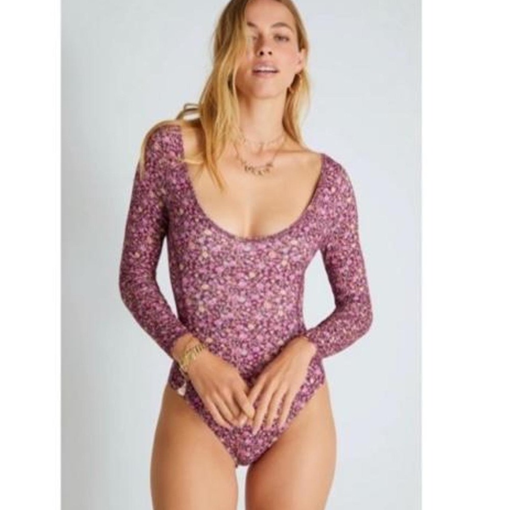 LoveShackFancy Helene Cherry Wine Floral Bodysuit Long Sleeve Size S
